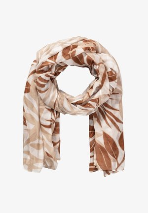 Écharpe légère avec des motifs abstraits de feuilles en beige, blanc et marron, enroulée de manière lâche avec les extrémités pendant.