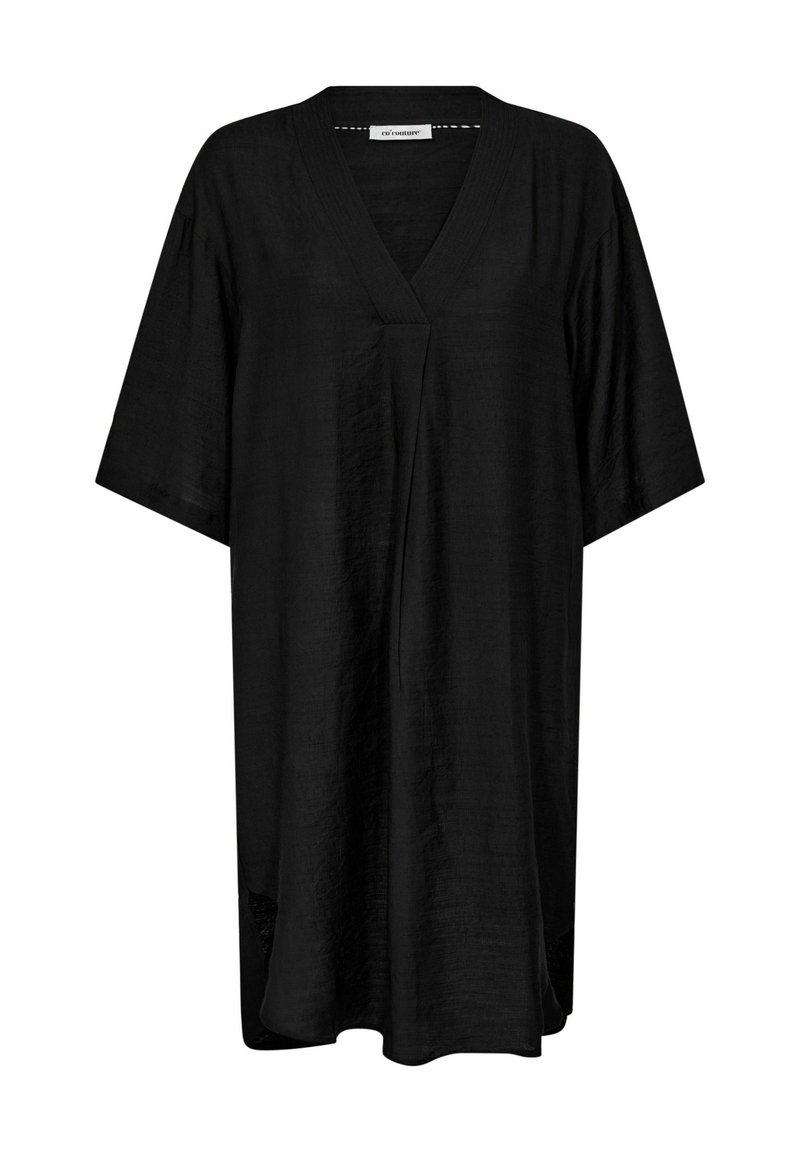 Tunic neagră, confortabilă, cu decolteu în V, mâneci scurte și slituri laterale. Fabricată dintr-un material ușor, cu un finisaj texturat.