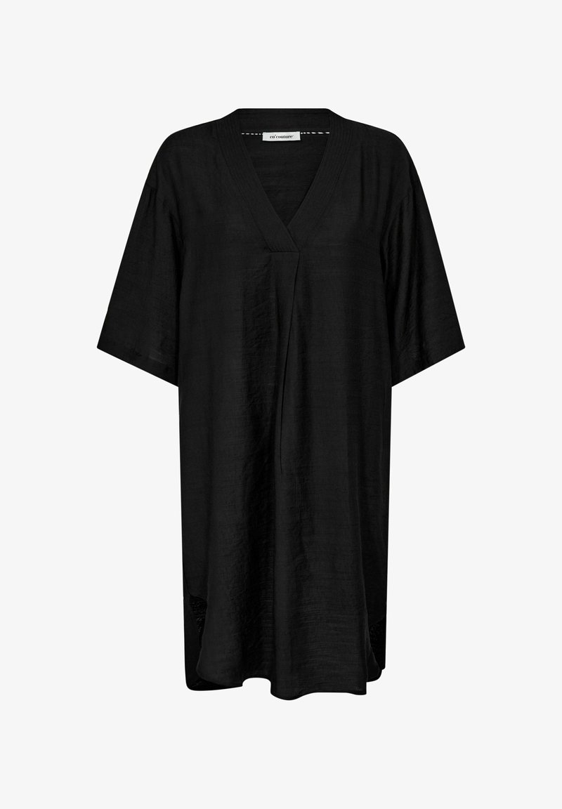 Tunic neagră, confortabilă, cu decolteu în V, mâneci scurte și slituri laterale. Fabricată dintr-un material ușor, cu un finisaj texturat.