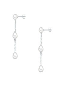 Orecchini a goccia in perla con tre perle bianche su una catena d'argento con chiusura a perno. Le perle hanno una superficie liscia e una forma ovale.
