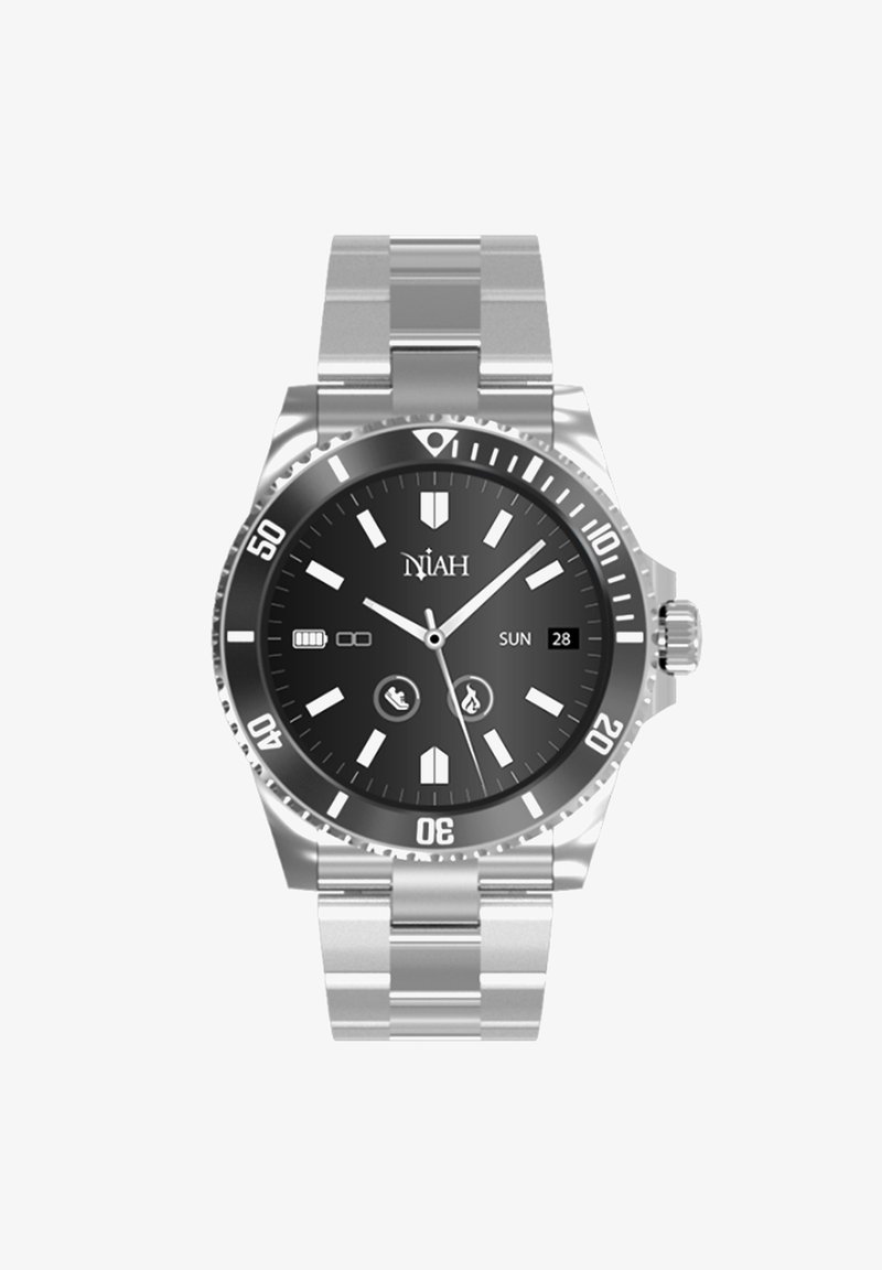 Zilveren roestvrijstalen horloge met een zwarte wijzerplaat, witte uuraanduidingen, datumaanduiding en een roterende bezel met minutenmarkeringen.