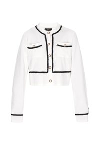 Fehér, crop fazonú kardigán hosszú ujjal, fekete díszítéssel, két elülső zsebbel és arany színű gombokkal. Kötött szerkezet kontrasztos részletekkel.