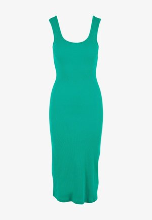 Green ribbed midi dress with a square neckline, fitted shape, and smooth texture. Simple design without additional patterns or embellishments.