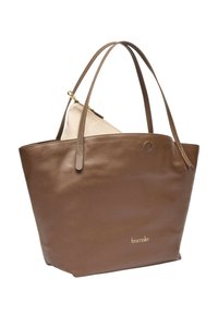 Borsa tote in pelle marrone martellata con due manici, caratterizzata da un logo dorato e una pochette interna crema con chiusura a zip.