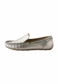 Metalni srebrni kožni loafer s zaobljenim vrhom, šivenim detaljima i ravnim gumenenim potplatom. Dizajn na lako obuvanje, minimalistički stil.