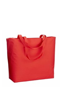 Rote Stoff-Tragetasche mit zwei flachen Griffen, rechteckiger Form, glatter Oberfläche und einem Reißverschluss oben. Ideal zum Einkaufen oder zur Aufbewahrung.