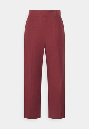 Maroon laiad jalad, mis on valmistatud puuvillast sileda tekstuuriga, ees on taskud ja lame vöökoht. Kohandatud disain, et tagada mugav istuvus.