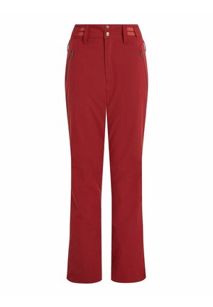 Rote, leichte, gerade Hosen mit glatter Textur. Verfügt über zwei seitliche Taschen mit Reißverschlüssen und einen Knopfverschluss am Bund mit Gürtelschlaufen.