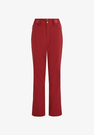 Rote, leichte, gerade Hosen mit glatter Textur. Verfügt über zwei seitliche Taschen mit Reißverschlüssen und einen Knopfverschluss am Bund mit Gürtelschlaufen.