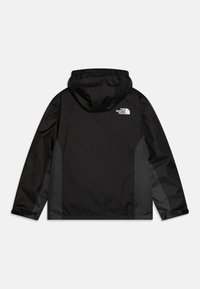 Black waterproof jacket with a hood, featuring a white logo on the back and contrasting black side panels. Smooth texture, long sleeves.