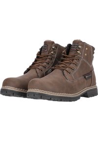 Stivali in pelle marrone con lacci, punta arrotondata, suola in gomma e dettagli di cucitura a contrasto. Presentano occhielli in metallo e una fodera morbida.