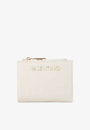 White leather wallet with a smooth texture, featuring a gold zipper and embossed logo on the front. Compact rectangular shape.