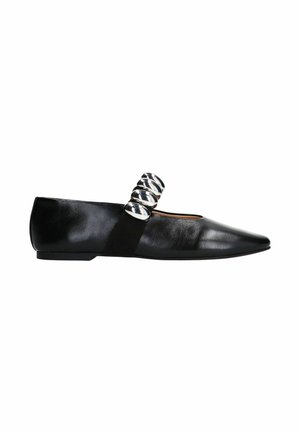 Black leather flats featuring a pointed toe, a smooth texture, and a decorative silver accent on a black strap across the front.