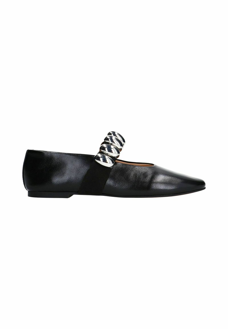 Black leather flats featuring a pointed toe, a smooth texture, and a decorative silver accent on a black strap across the front.