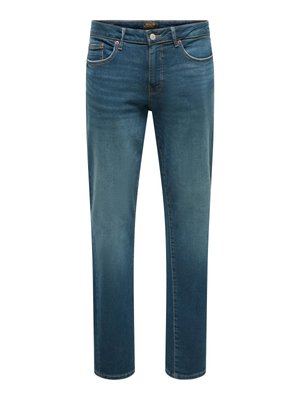 Meeste sirge säärega sinised teksapüksid ees olevate nööpide, tõmbluku ja viie taskuga, reite piirkonnas õrna pleekimisega.