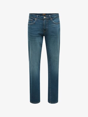 Meeste sirge säärega sinised teksapüksid ees olevate nööpide, tõmbluku ja viie taskuga, reite piirkonnas õrna pleekimisega.