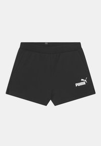 Pantalones cortos deportivos negros con una textura suave, que cuentan con bolsillos frontales, una cinturilla elástica y un logo blanco de Puma en la parte inferior derecha.