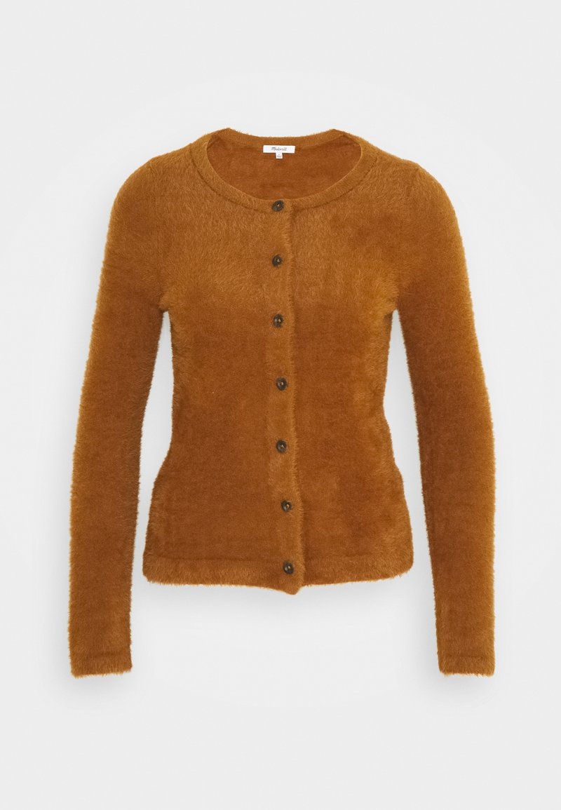 Brun fluffig cardigan i mjukt material, med rund halsringning, långa ärmar och knappar framtill för stängning.
