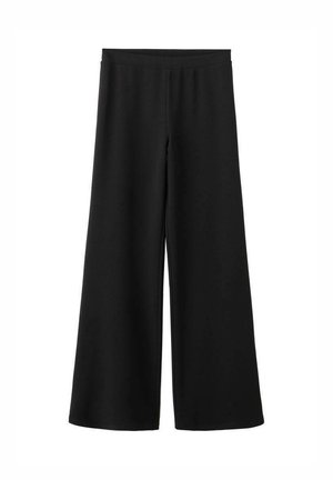 Černé široké kalhoty z měkké látky, s vysokým pasem bez viditelných zapínání nebo kapes. Hladká struktura po celém povrchu.