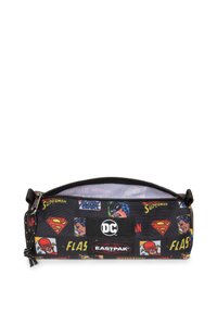 Black pencil case featuring various DC superhero graphics, including Superman and Flash. It has a zip closure and a flat design.