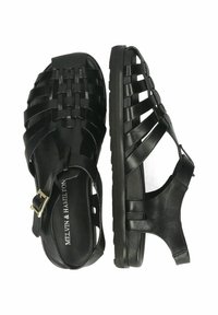 Sandali neri con design intrecciato, realizzati in materiale sintetico. Presentano una fascia regolabile e una suola in gomma testurizzata per una presa sicura.