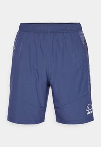 Navy blue shorts made of lightweight fabric, featuring an elastic waistband, side pockets, and a white logo on the lower left side.