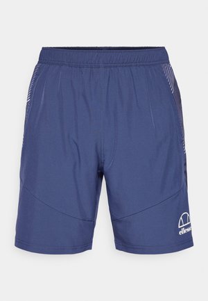 Calções em azul marinho feitos de tecido leve, com cintura elástica, bolsos laterais e um logo branco na parte inferior esquerda.