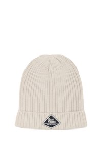 Berretto beige a maglia con texture a coste, risvolto e una patch logo a forma di diamante nera cucita sulla parte anteriore.