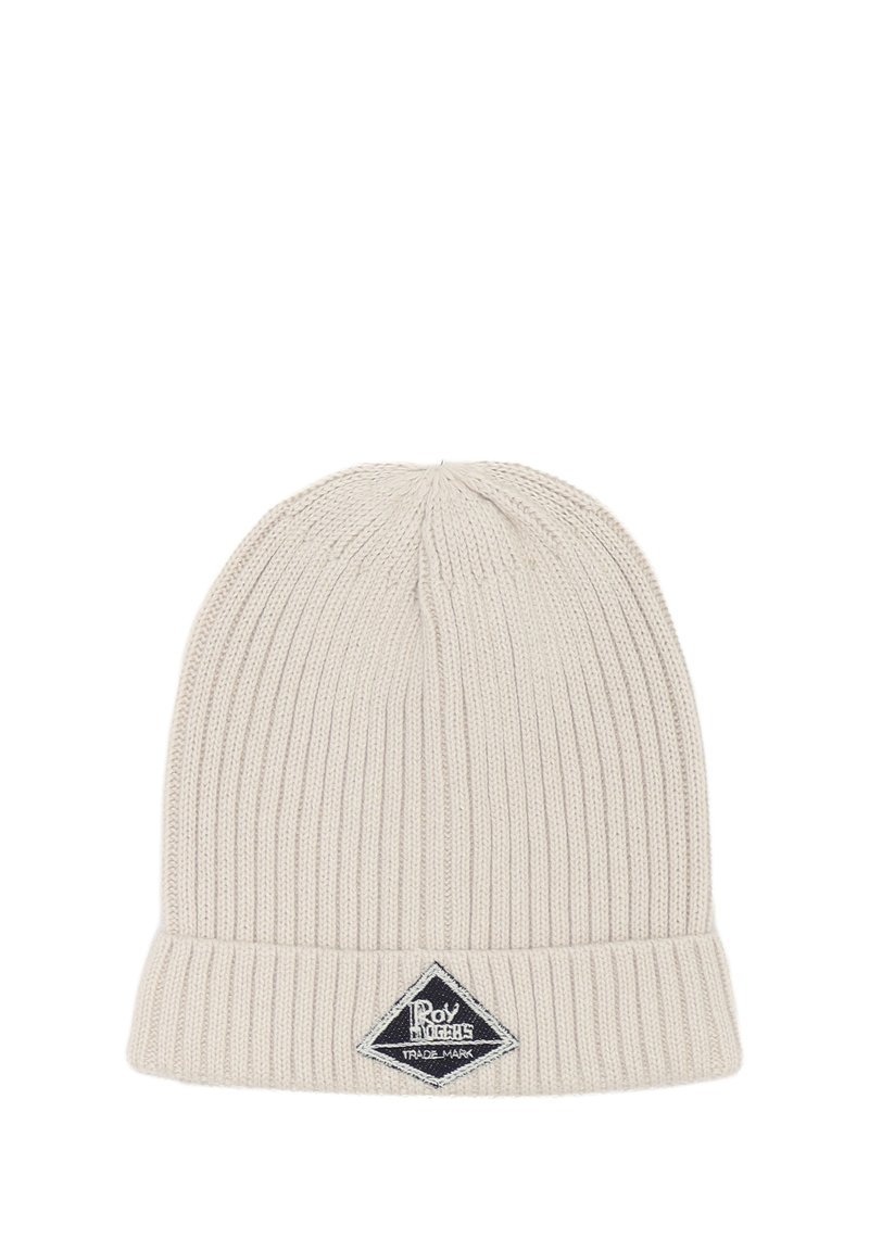 Berretto beige a maglia con texture a coste, risvolto e una patch logo a forma di diamante nera cucita sulla parte anteriore.
