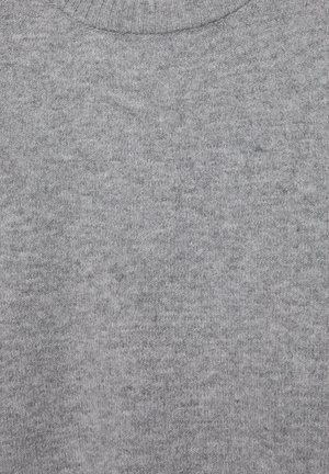 Soft gray knitted fabric with a subtle texture and a ribbed crew neckline.