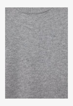 Soft gray knitted fabric with a subtle texture and a ribbed crew neckline.