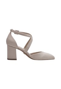 Chaussure à talon bloc pour femme en daim beige avec un bout pointu et des brides croisées à la cheville avec fermeture à boucle.