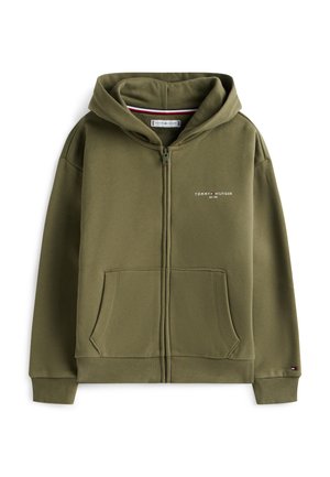 Sweat à capuche zippé vert olive avec poches avant, capuche, poignets côtelés, logo "Tommy Hilfiger" sur la poitrine et petit drapeau sur le poignet de la manche.