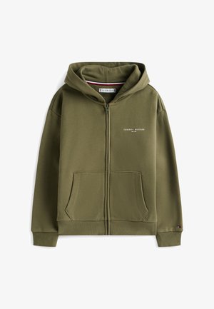 Sweat à capuche zippé vert olive avec poches avant, capuche, poignets côtelés, logo "Tommy Hilfiger" sur la poitrine et petit drapeau sur le poignet de la manche.