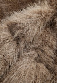 Gros plan sur une fourrure animale douce et dense avec différentes nuances de brun et beige, montrant une texture détaillée et des poils fins.