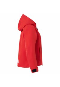 Giacca impermeabile rossa con cappuccio, dotata di tasca laterale con zip e polsini regolabili con velcro. Texture liscia e taglio moderno.