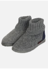 Gray wool slippers with a knitted cuff, rounded toe, and textured surface. Features a blue accent and a durable rubber sole.