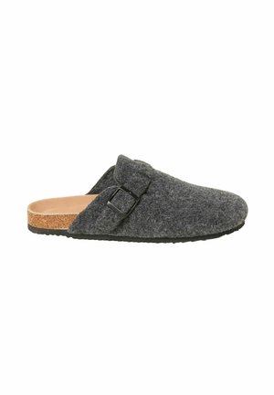 Gray felt slip-on shoe with a cork sole, featuring a black metal buckle accent and a rounded toe design. Textured upper surface.