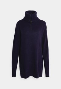 Navy blue knit sweater with a high, ribbed collar, featuring a half zipper and long sleeves. Smooth texture with a relaxed fit.
