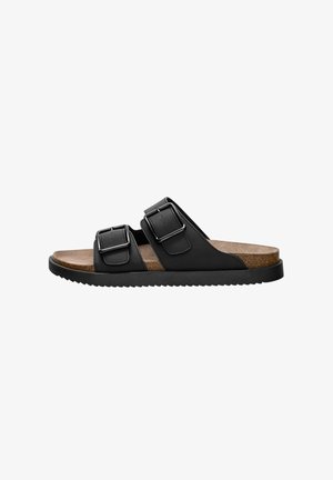 Sandales noires à glissière avec deux sangles ajustables, semelle intérieure texturée et semelle en caoutchouc. Comprend des boucles métalliques et des accents en liège.
