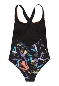 Maillot de bain une pièce avec un haut noir à bretelles croisées et un bas noir à motifs présentant des designs floraux et de feuilles colorés.