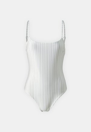White one-piece swimsuit featuring thin vertical gray stripes, spaghetti straps, and a smooth, stretchy fabric.