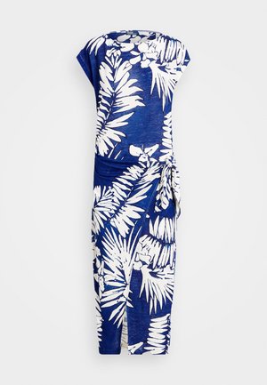 Blauwe midi-jurk met witte tropische bladprint, korte mouwen, plooidetail en zijknoop.