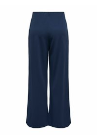 Navy wide-leg trousers made from smooth fabric with a high waistband and no visible closures or pockets, featuring a simple, clean design.