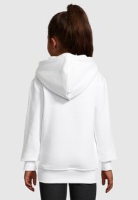 White hooded sweatshirt with a smooth texture, long sleeves, and ribbed cuffs. The back view shows a relaxed fit and no visible logos.