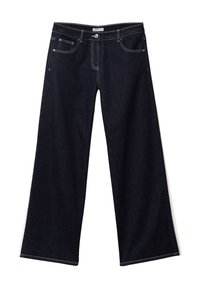 Mørkeblå vidde jeans med hvide sidelister, lavet af denim, med forlommer og kontraststing.