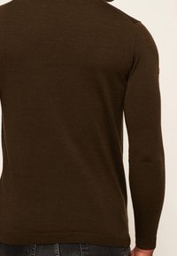 Pull marron à manches longues avec une coupe ajustée, fabriqué en tissu tricoté lisse. Présente un détail discret en relief sur l'épaule.
