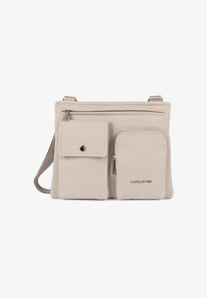 Beige crossbodytas met verstelbare riem, voorvak met rits, klepvak met knop en een vak met rits met het "Lancaster" logo.