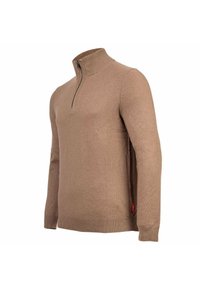 Brązowy sweter z długim rękawem, z prążkowanym kołnierzem, mankietami, dolnym wykończeniem oraz krótkim zamkiem błyskawicznym na wysokim kołnierzu.