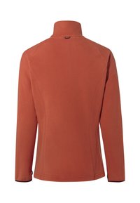 Veste en polaire couleur rouille à manches longues, col montant et coutures ajustées, vue de dos sur fond blanc.